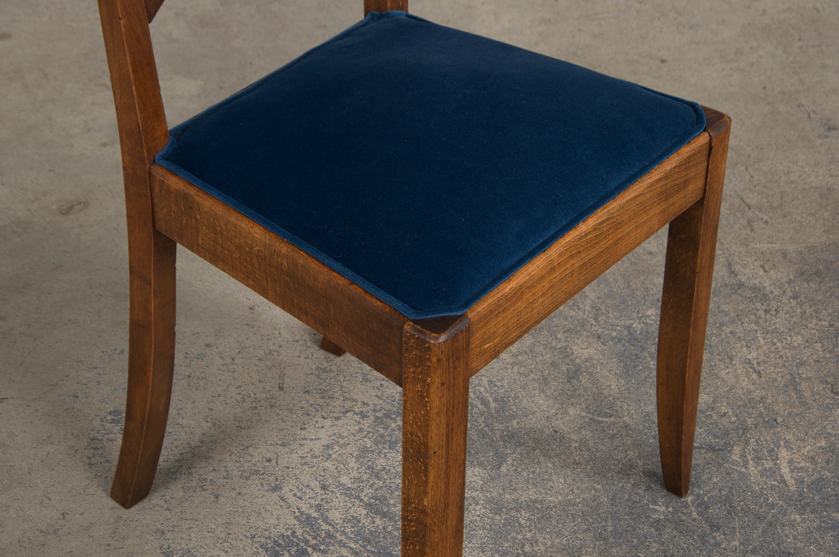 1950s French Art Deco Maple Dining Chairs W/ Dark Blue Velvet - Set of 6