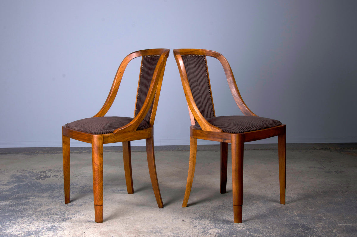 1930s French Art Deco Gondola Walnut Dining Chairs W/ Striped Brown Velvet - Set of 6