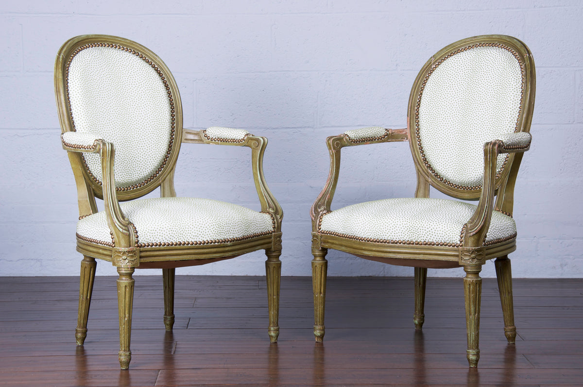 Antique French Louis XVI Style Painted Green Accent Armchairs - A Pair
