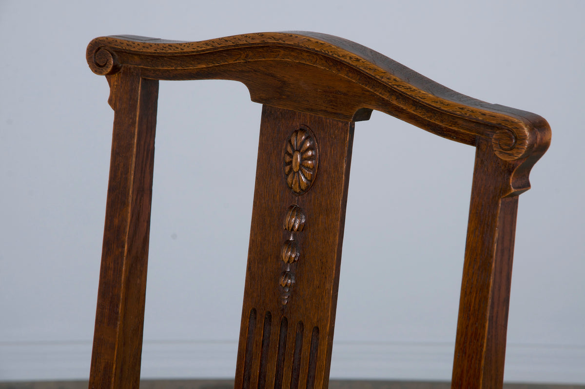 Antique French Art Nouveau Oak Dining Chairs W/ Beige Chenille - Set of 6