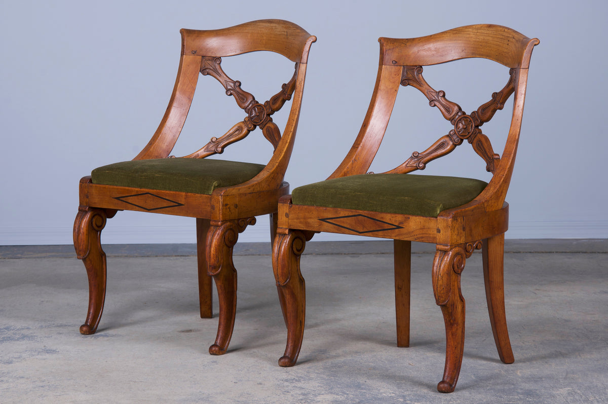 Antique French Louis Philippe Style Gondola Oak Dining Chairs W/ Green Velvet - Set of 6