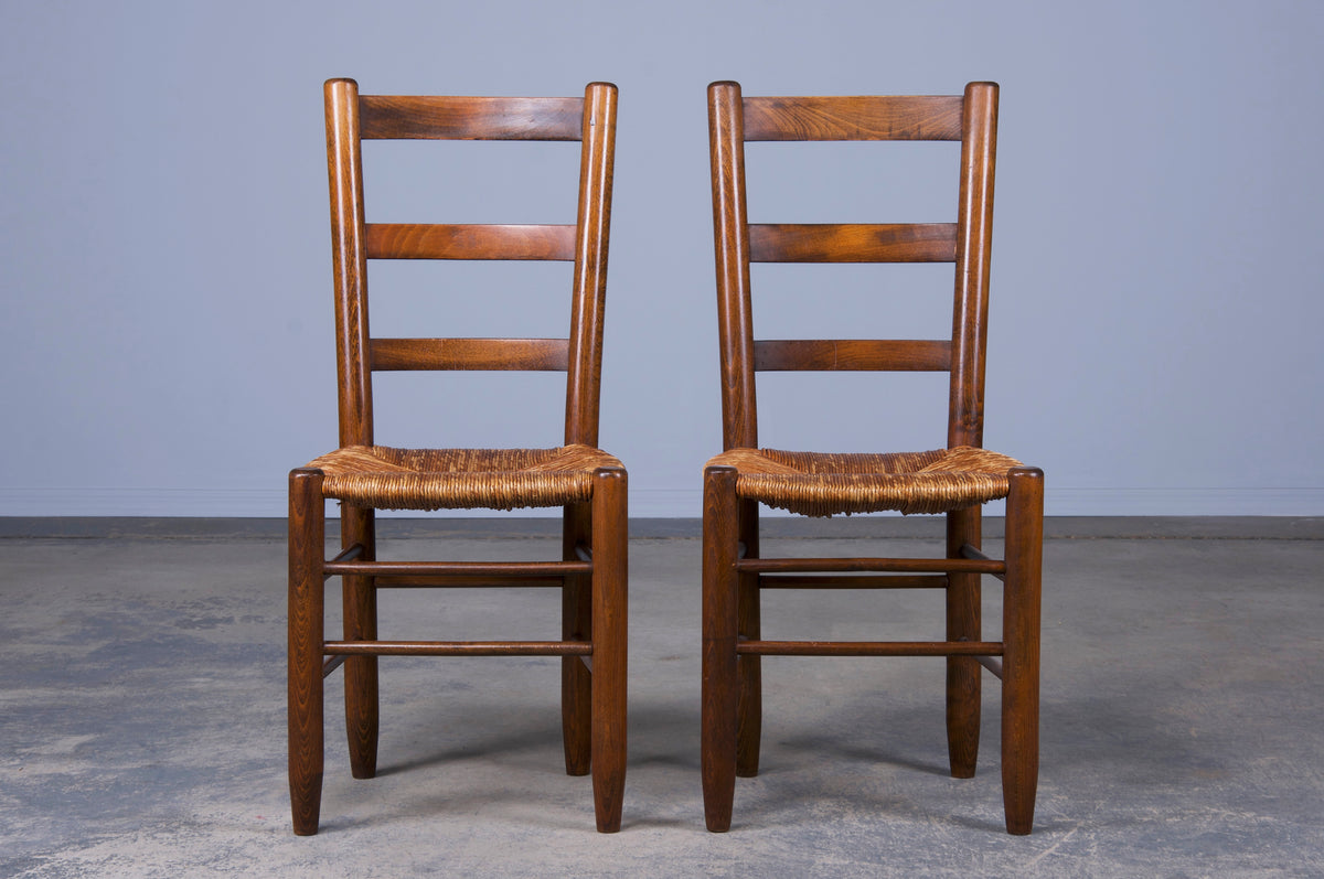Country French Provincial Ladder Back Maple Farmhouse Dining Chairs W/ Rush Seats - Set of 4