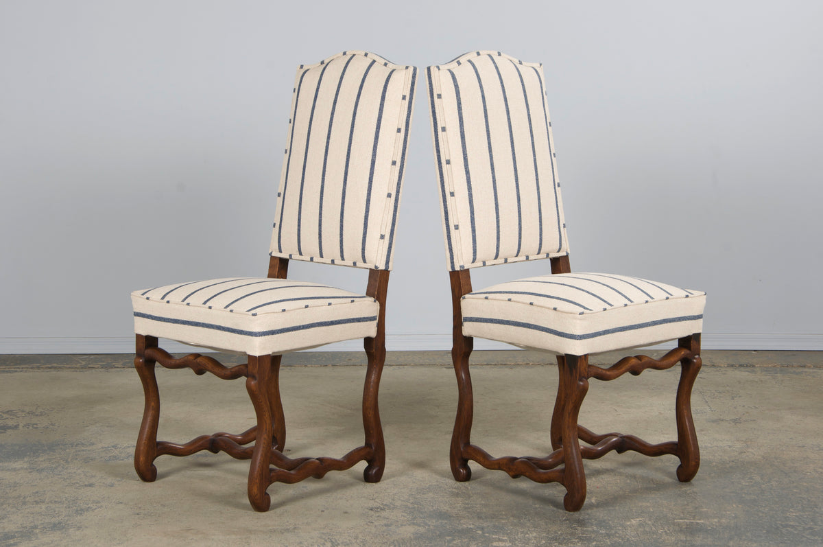 Antique French Louis XIII Style Os De Mouton Oak Dining Chairs in Striped Fabric - Set of 6