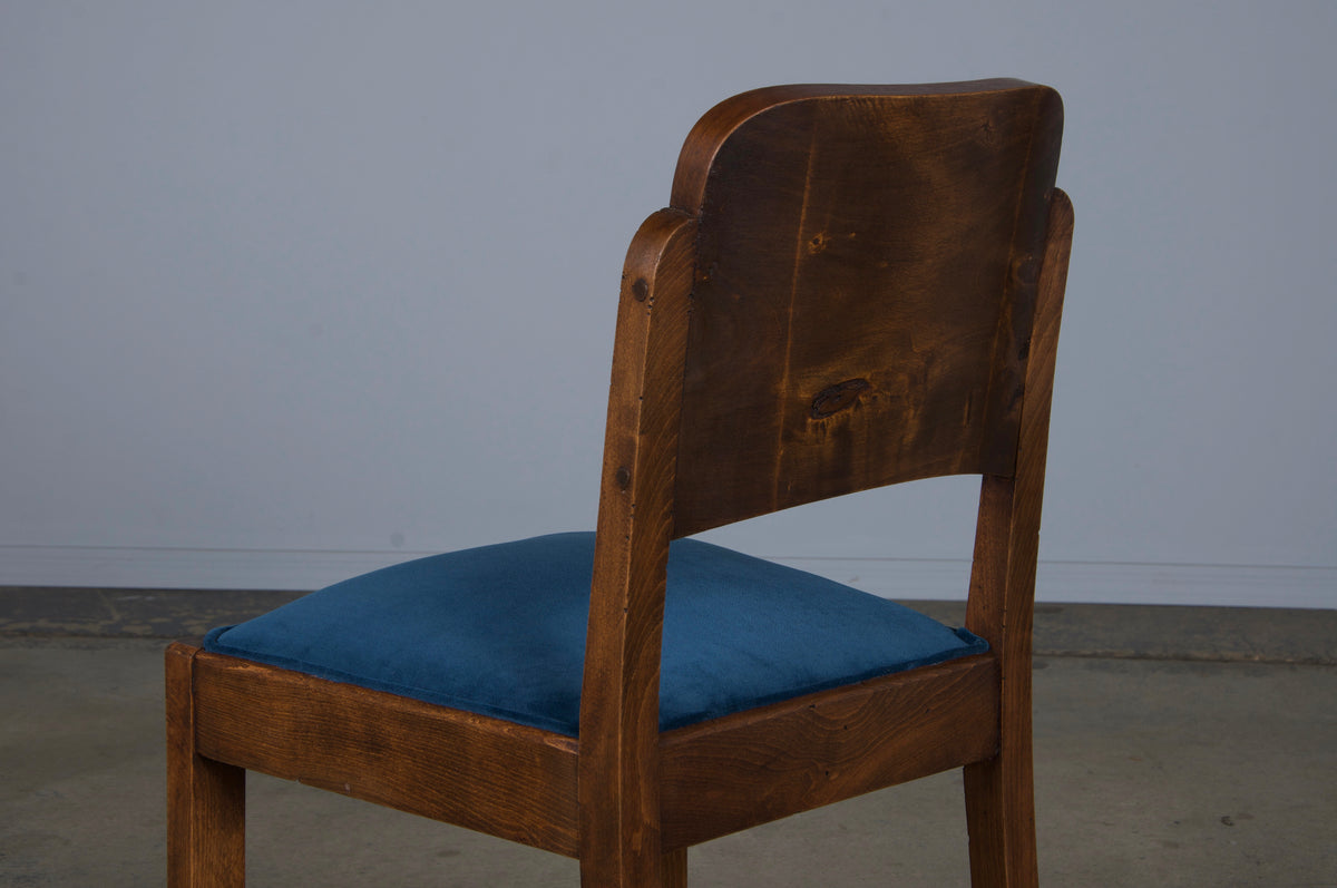 1950s French Art Deco Maple Dining Chairs W/ Dark Blue Velvet - Set of 6