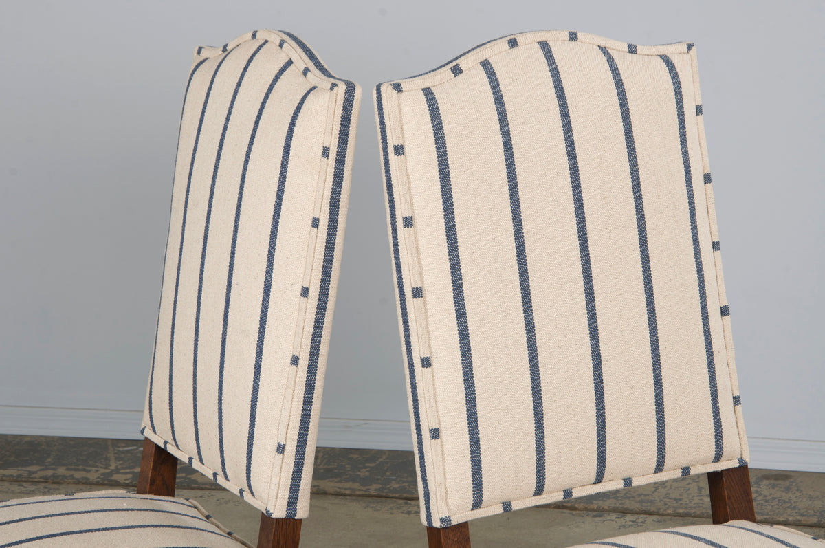 Antique French Louis XIII Style Os De Mouton Oak Dining Chairs in Striped Fabric - Set of 6