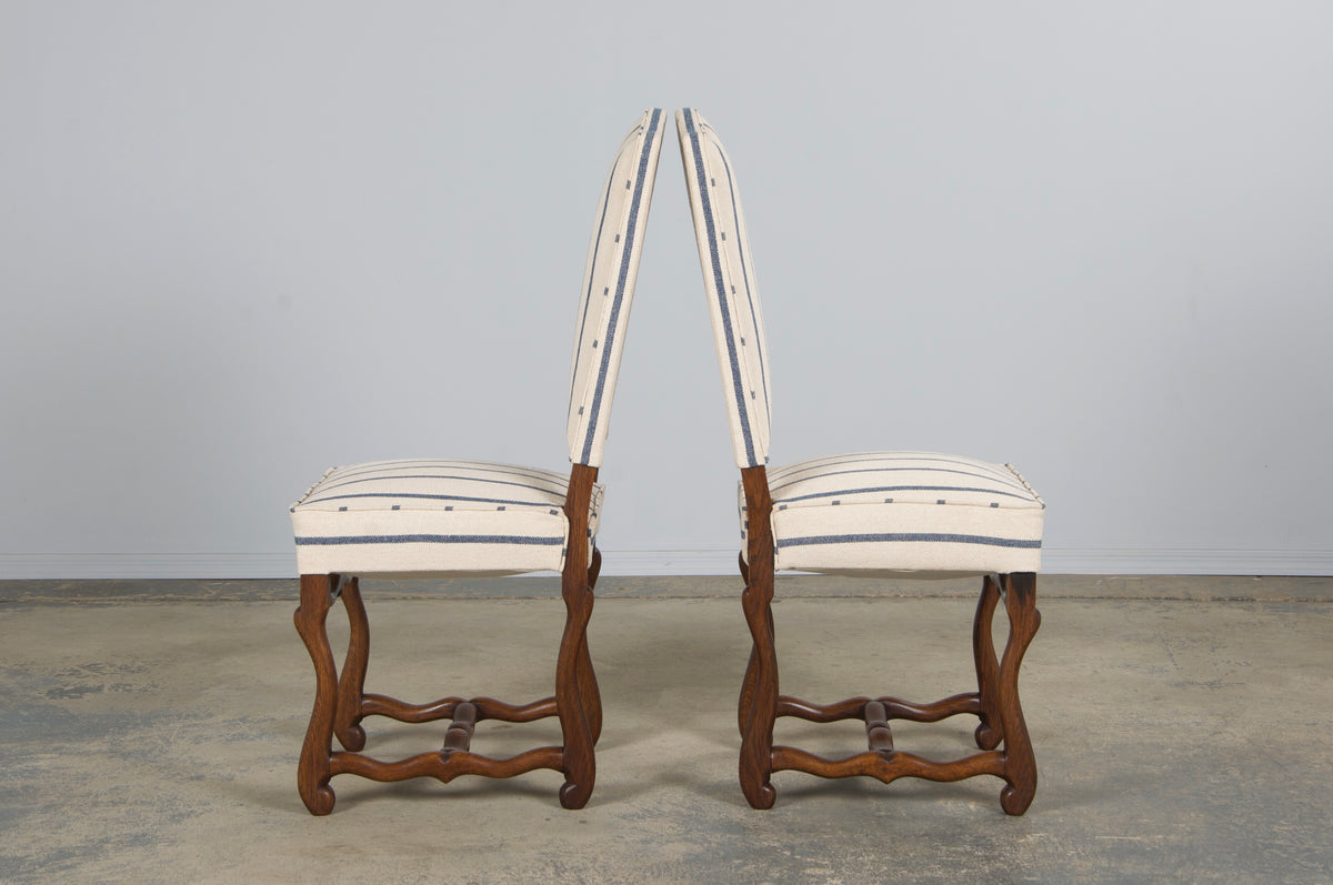 Antique French Louis XIII Style Os De Mouton Oak Dining Chairs in Striped Fabric - Set of 6