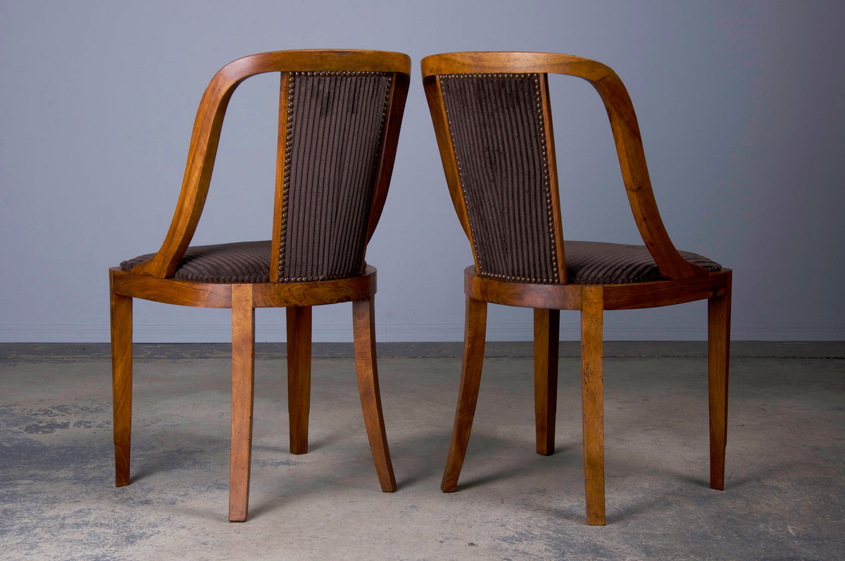 1930s French Art Deco Gondola Walnut Dining Chairs W/ Striped Brown Velvet - Set of 6