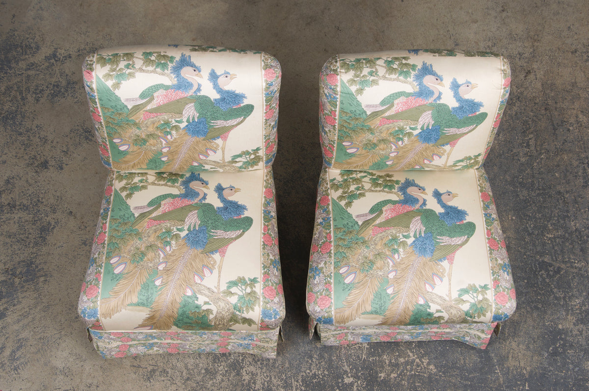 Antique French Napoleon III Style Slipper Chairs W/ Chinoiserie Silk - A Pair