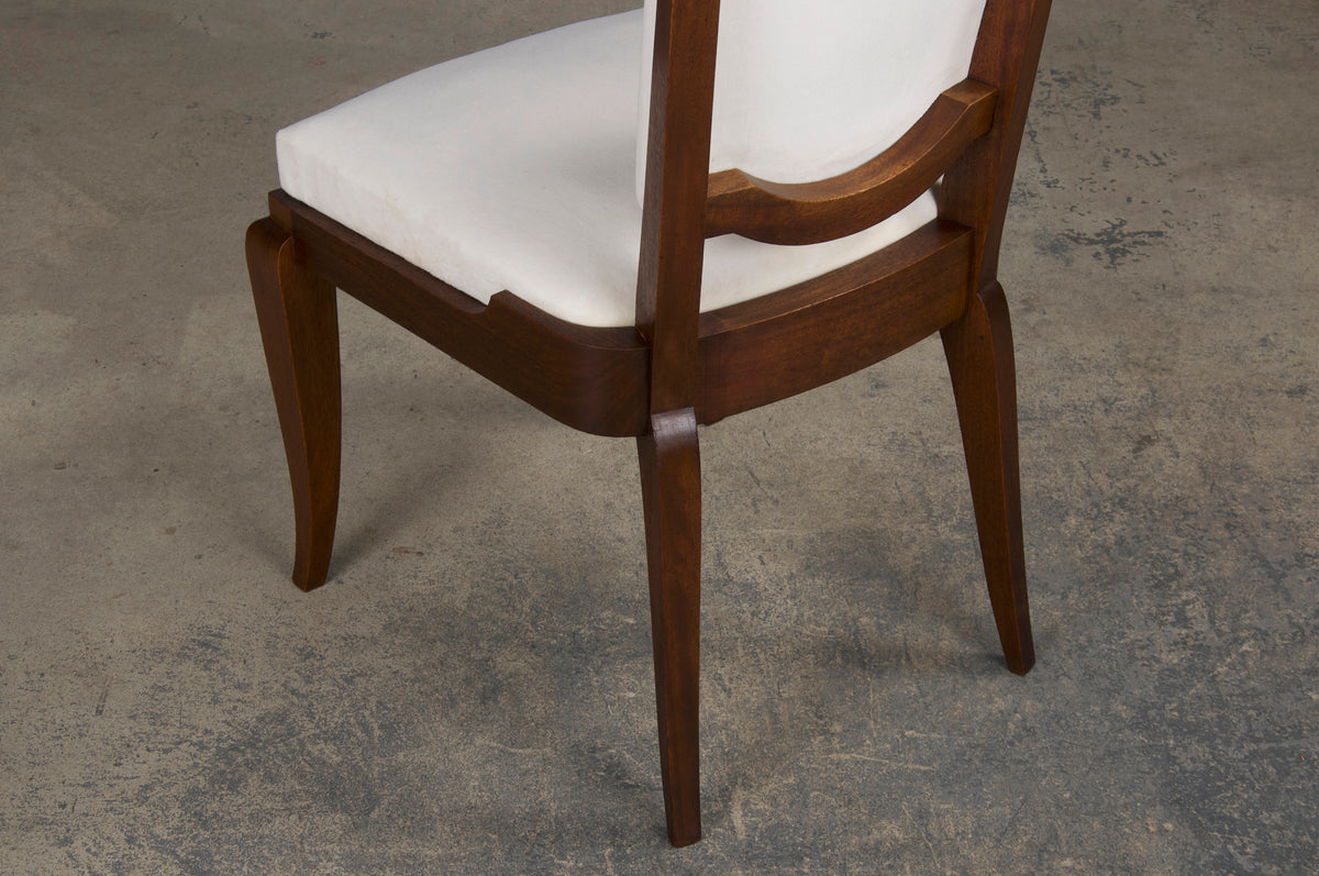 1920s French Art Deco Walnut Dining Chairs W/ Off-White Velvet - Set of 6