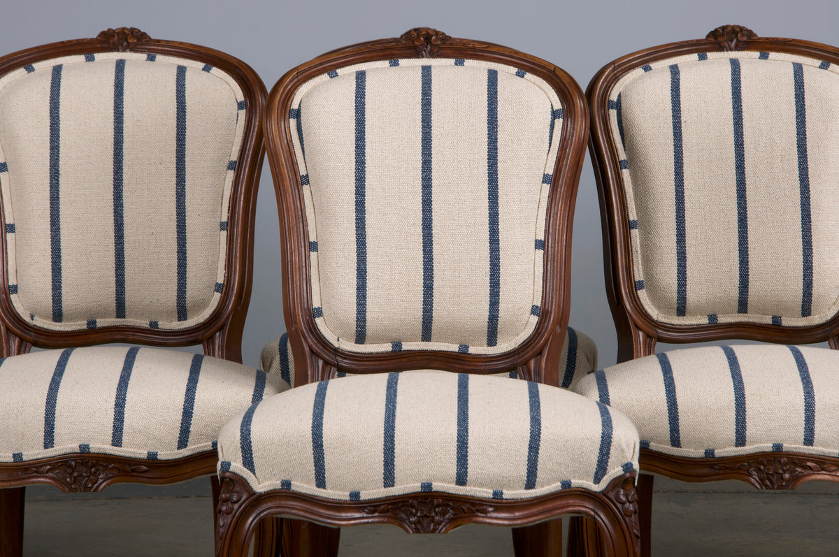 Antique French Louis XV Style Walnut Dining Chairs W/ Striped Fabric - Set of 6