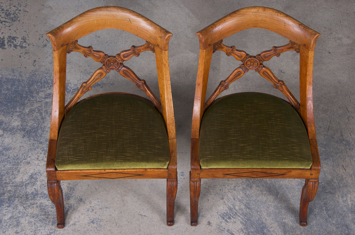 Antique French Louis Philippe Style Gondola Oak Dining Chairs W/ Green Velvet - Set of 6
