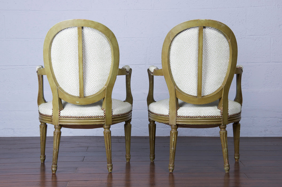 Antique French Louis XVI Style Painted Green Accent Armchairs - A Pair