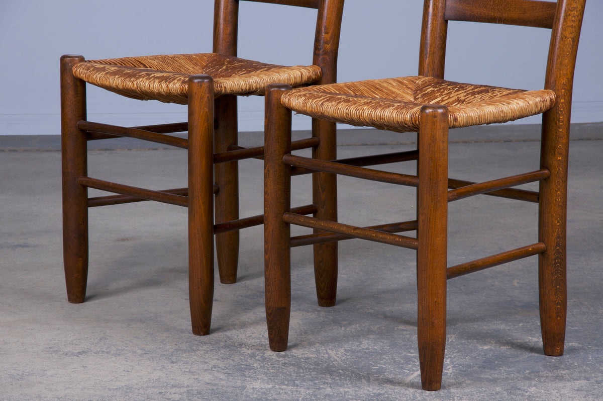 Country French Provincial Ladder Back Maple Farmhouse Dining Chairs W/ Rush Seats - Set of 4