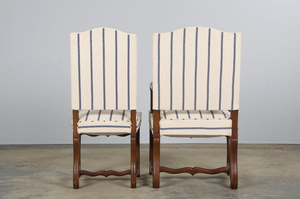 Antique French Louis XIII Style Os De Mouton Oak Dining Chairs in Striped Fabric - Set of 6