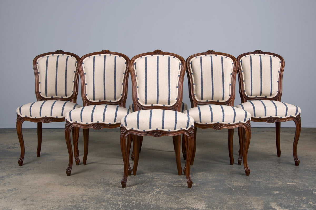 Antique French Louis XV Style Walnut Dining Chairs W/ Striped Fabric - Set of 6