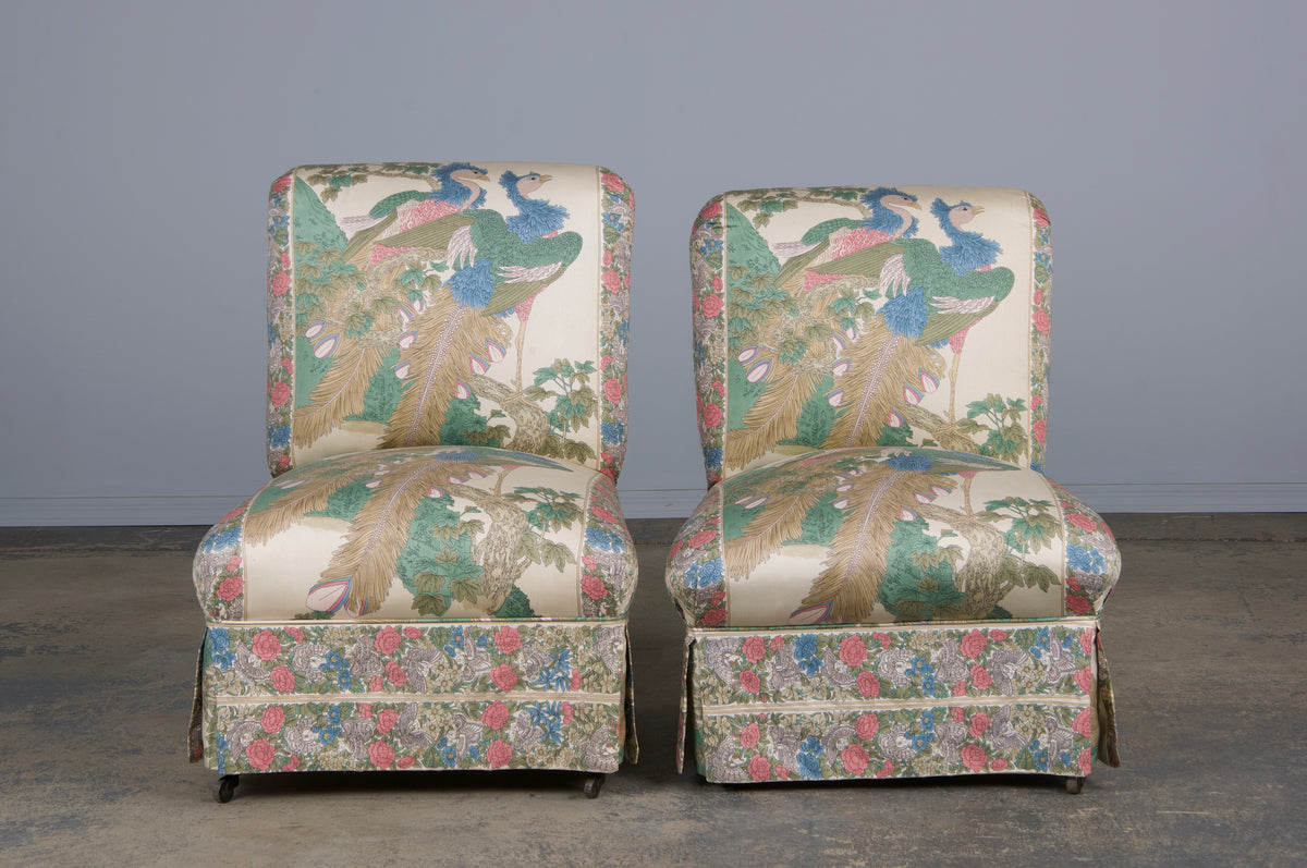 Antique French Napoleon III Style Slipper Chairs W/ Chinoiserie Silk - A Pair