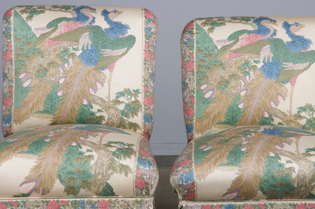 Antique French Napoleon III Style Slipper Chairs W/ Chinoiserie Silk - A Pair