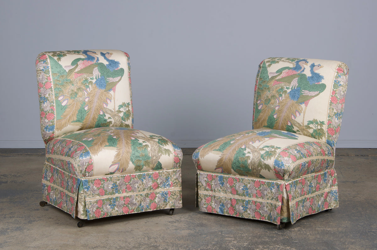 Antique French Napoleon III Style Slipper Chairs W/ Chinoiserie Silk - A Pair