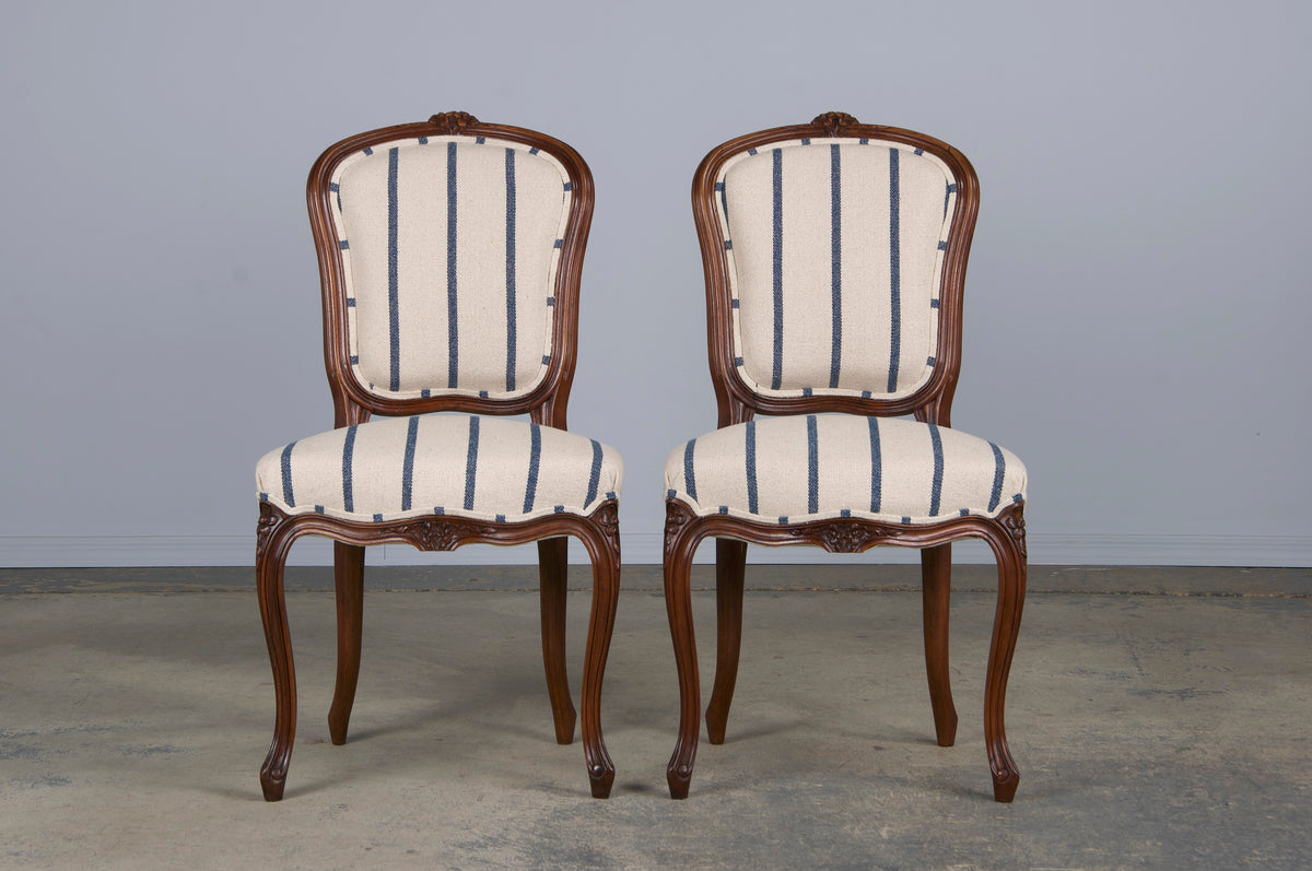 Antique French Louis XV Style Walnut Dining Chairs W/ Striped Fabric - Set of 6