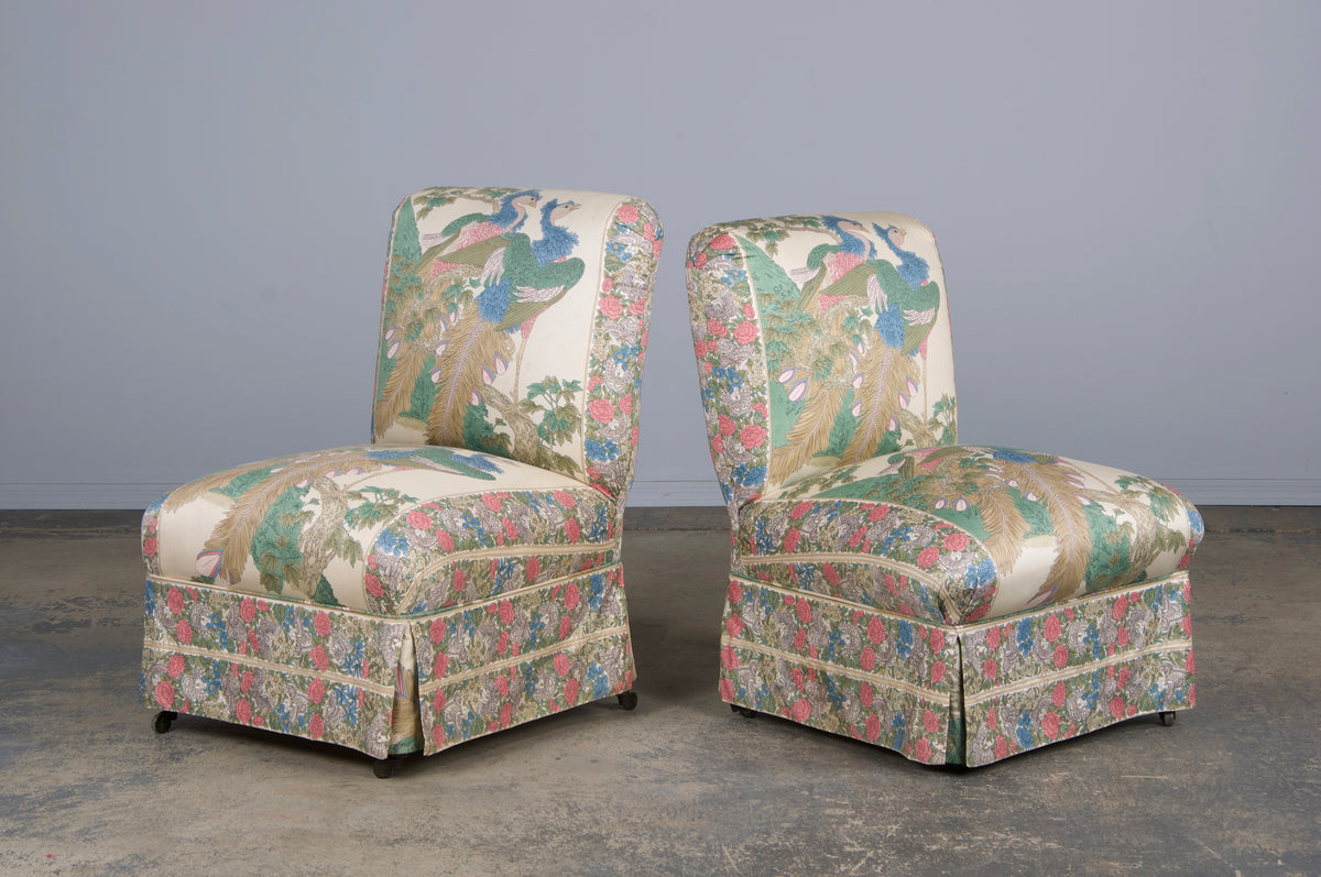 Antique French Napoleon III Style Slipper Chairs W/ Chinoiserie Silk - A Pair