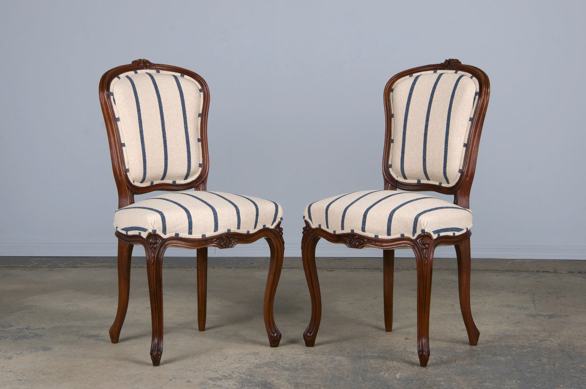 Antique French Louis XV Style Walnut Dining Chairs W/ Striped Fabric - Set of 6