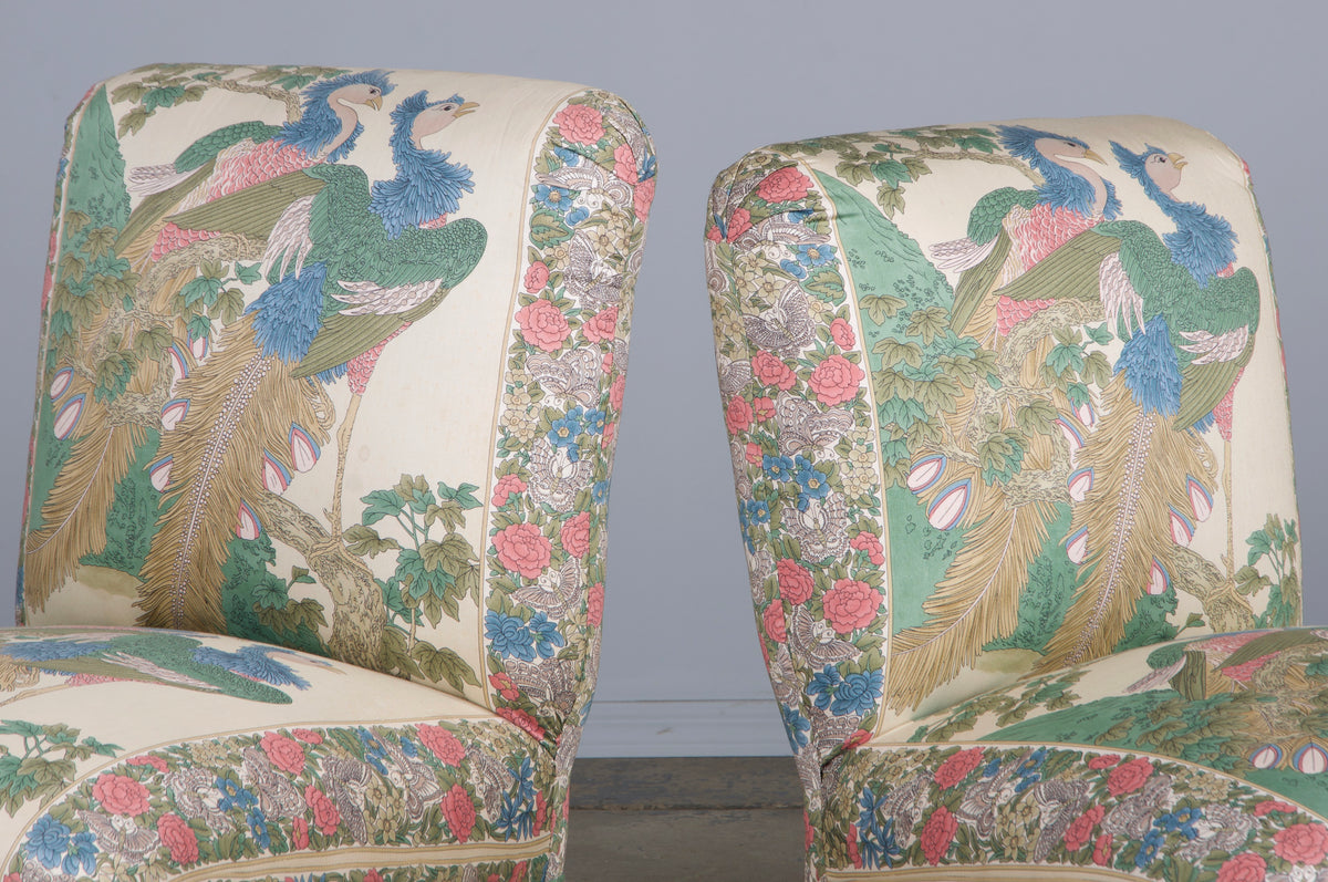 Antique French Napoleon III Style Slipper Chairs W/ Chinoiserie Silk - A Pair