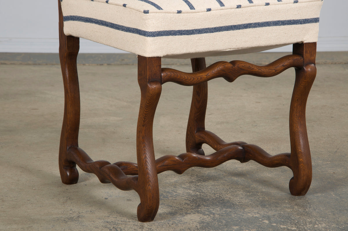 Antique French Louis XIII Style Os De Mouton Oak Dining Chairs in Striped Fabric - Set of 6