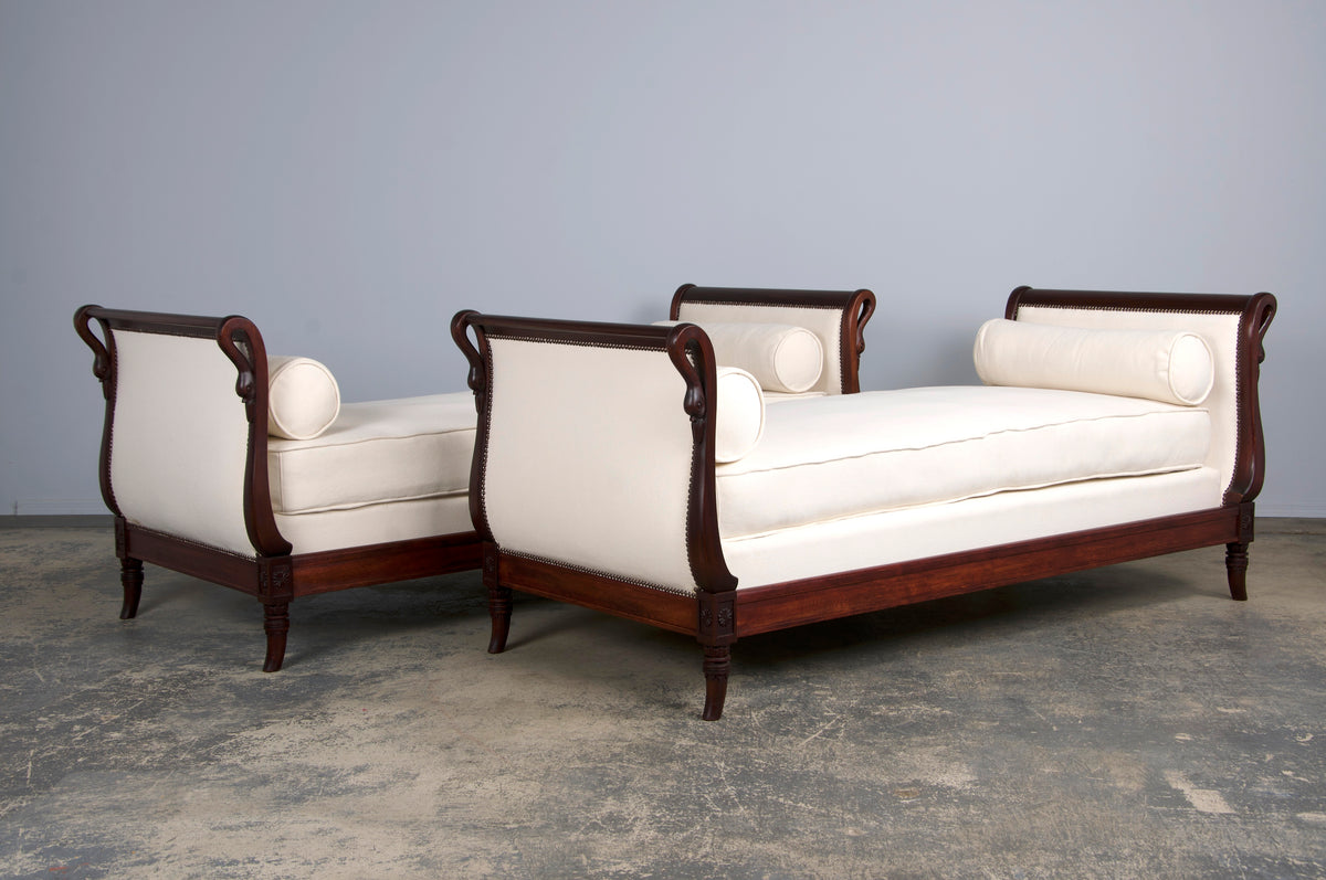 Antique French Empire Swan Neck Mahogany Daybeds W/ Cream Woven Fabric - A Pair