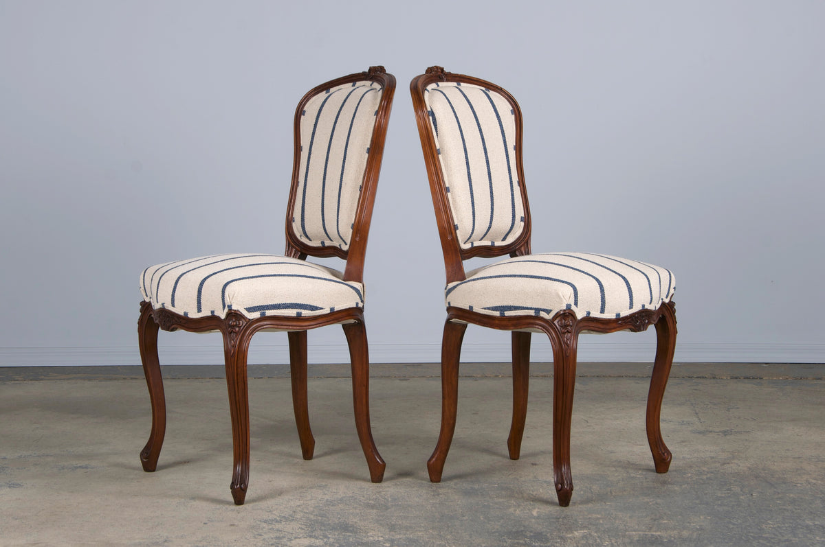 Antique French Louis XV Style Walnut Dining Chairs W/ Striped Fabric - Set of 6