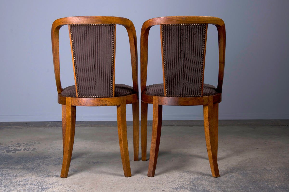 1930s French Art Deco Gondola Walnut Dining Chairs W/ Striped Brown Velvet - Set of 6