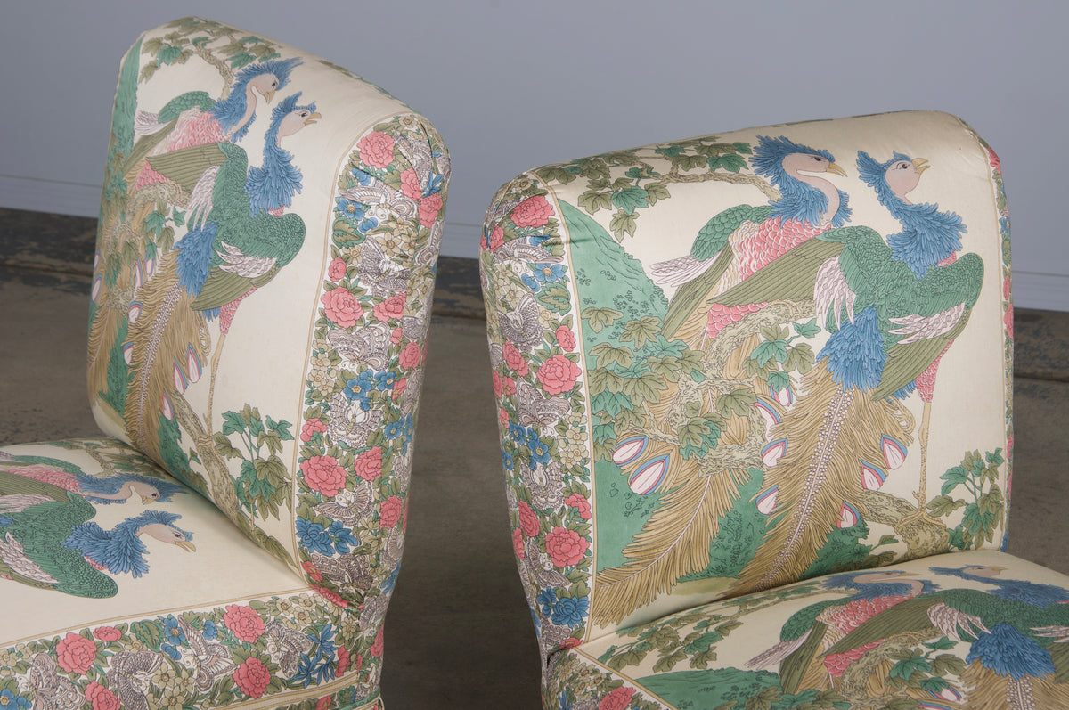 Antique French Napoleon III Style Slipper Chairs W/ Chinoiserie Silk - A Pair