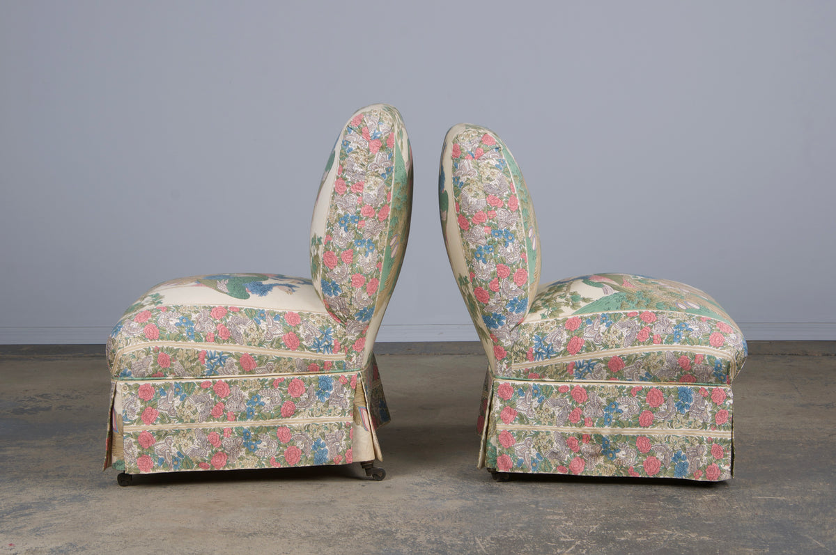 Antique French Napoleon III Style Slipper Chairs W/ Chinoiserie Silk - A Pair