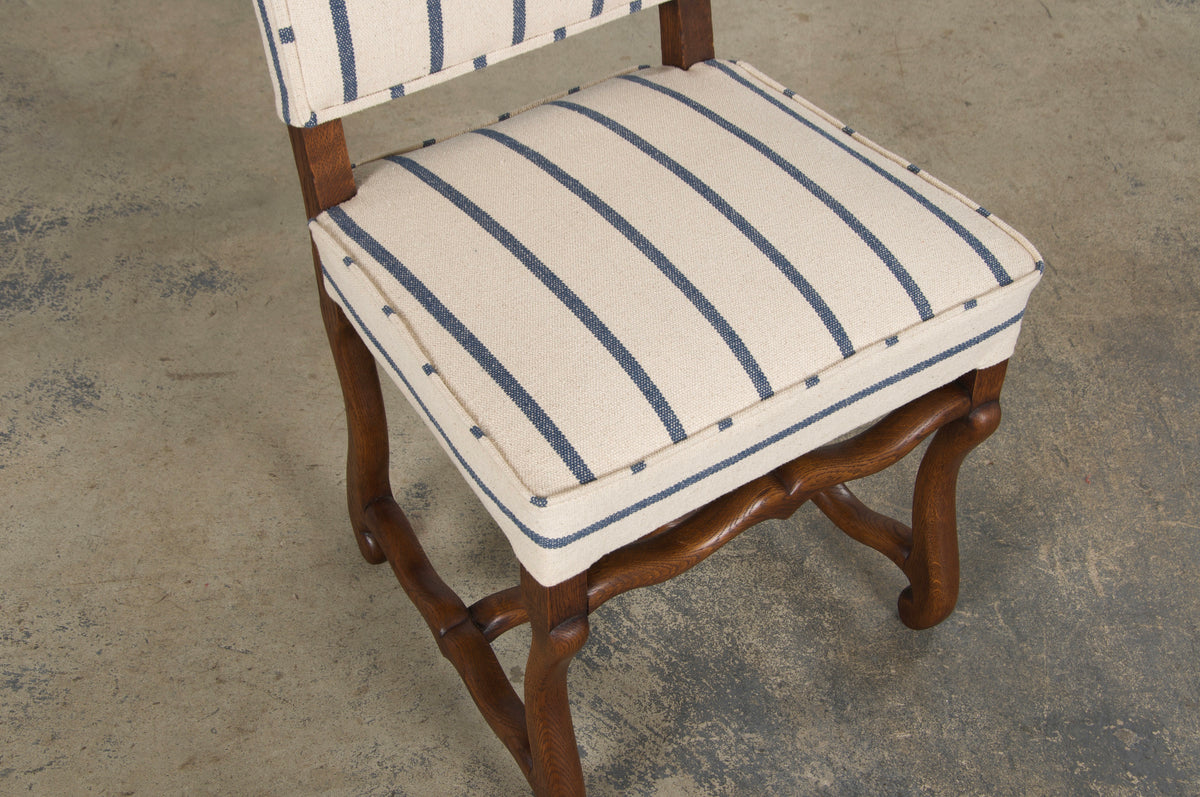 Antique French Louis XIII Style Os De Mouton Oak Dining Chairs in Striped Fabric - Set of 6