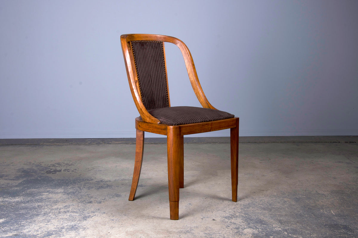 1930s French Art Deco Gondola Walnut Dining Chairs W/ Striped Brown Velvet - Set of 6