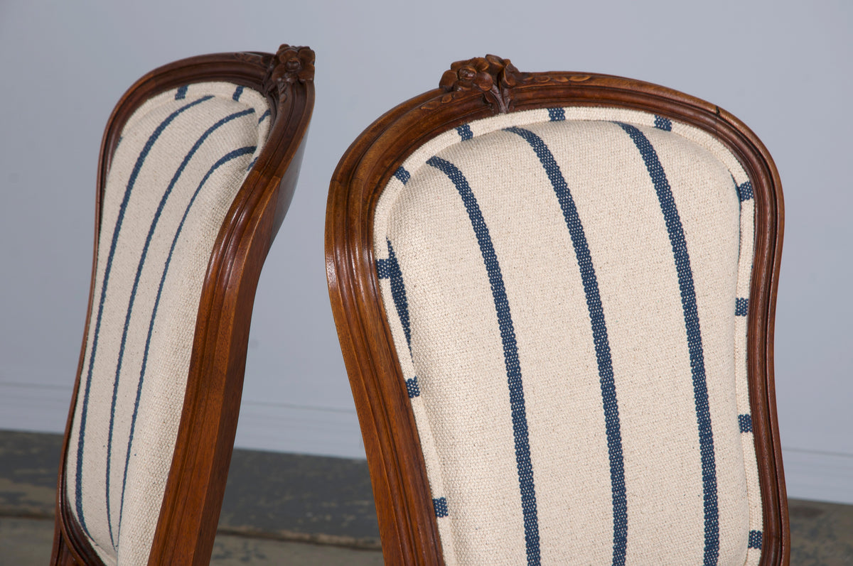 Antique French Louis XV Style Walnut Dining Chairs W/ Striped Fabric - Set of 6