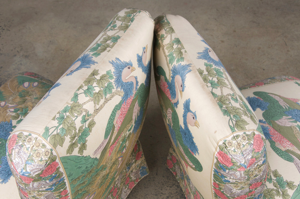 Antique French Napoleon III Style Slipper Chairs W/ Chinoiserie Silk - A Pair