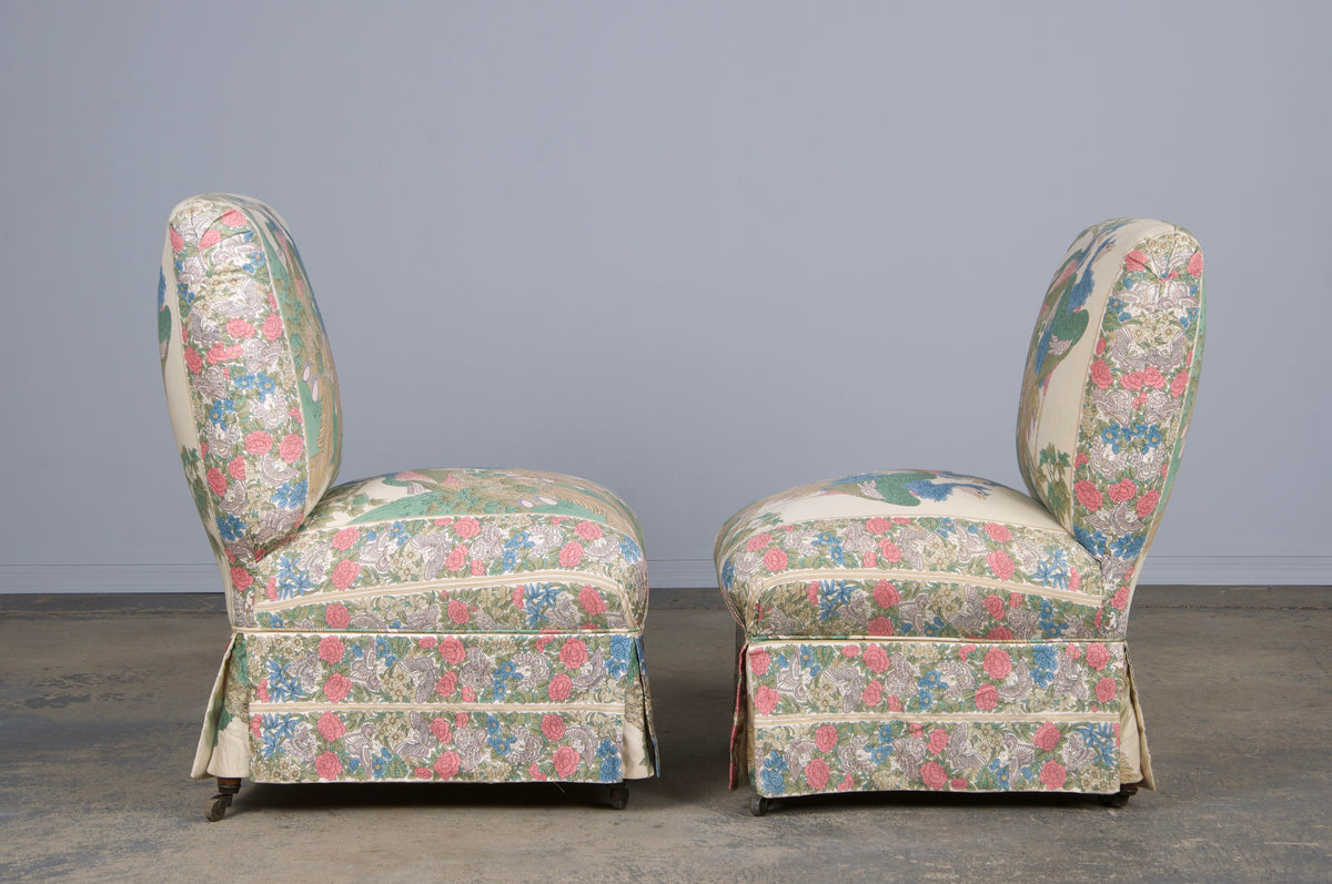 Antique French Napoleon III Style Slipper Chairs W/ Chinoiserie Silk - A Pair