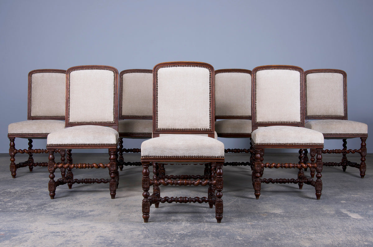 Antique French Louis XIII Style Oak Dining Chairs W/ Ivory Chenille - Set of 8