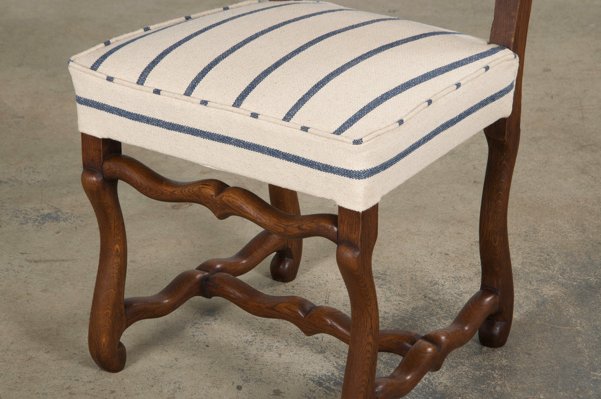Antique French Louis XIII Style Os De Mouton Oak Dining Chairs in Striped Fabric - Set of 6