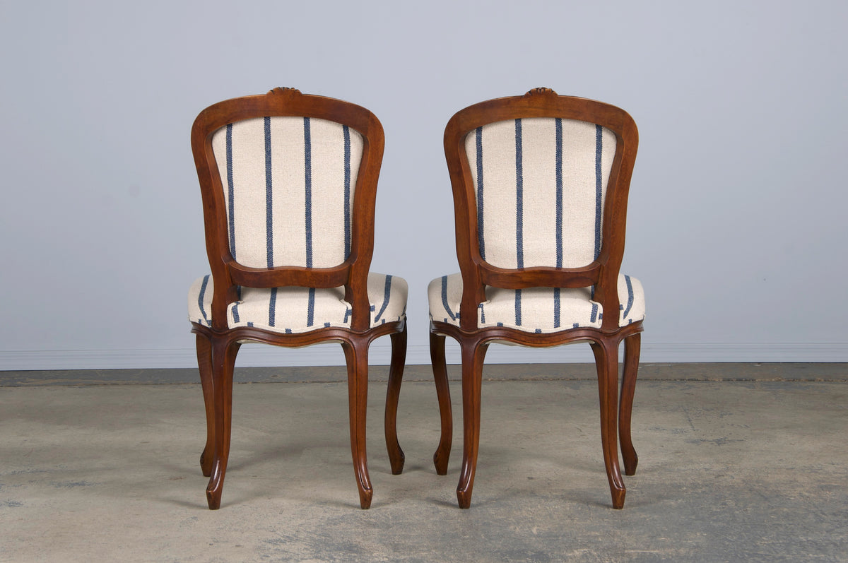 Antique French Louis XV Style Walnut Dining Chairs W/ Striped Fabric - Set of 6