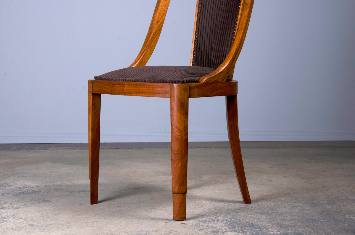 1930s French Art Deco Gondola Walnut Dining Chairs W/ Striped Brown Velvet - Set of 6