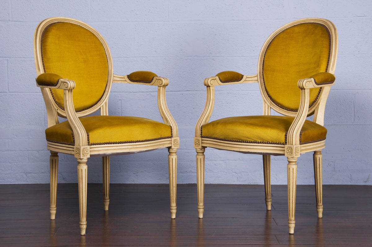 Antique French Louis XVI Style Painted Dining Chairs W/ Mustard Velvet- Set of 6