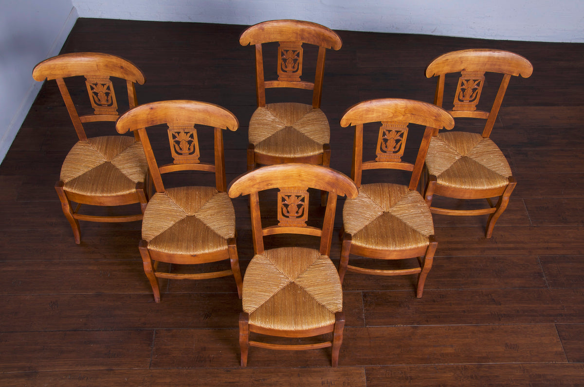Antique French Directoire Style Fruitwood Dining Chairs W/ Rush Seats - Set of 6