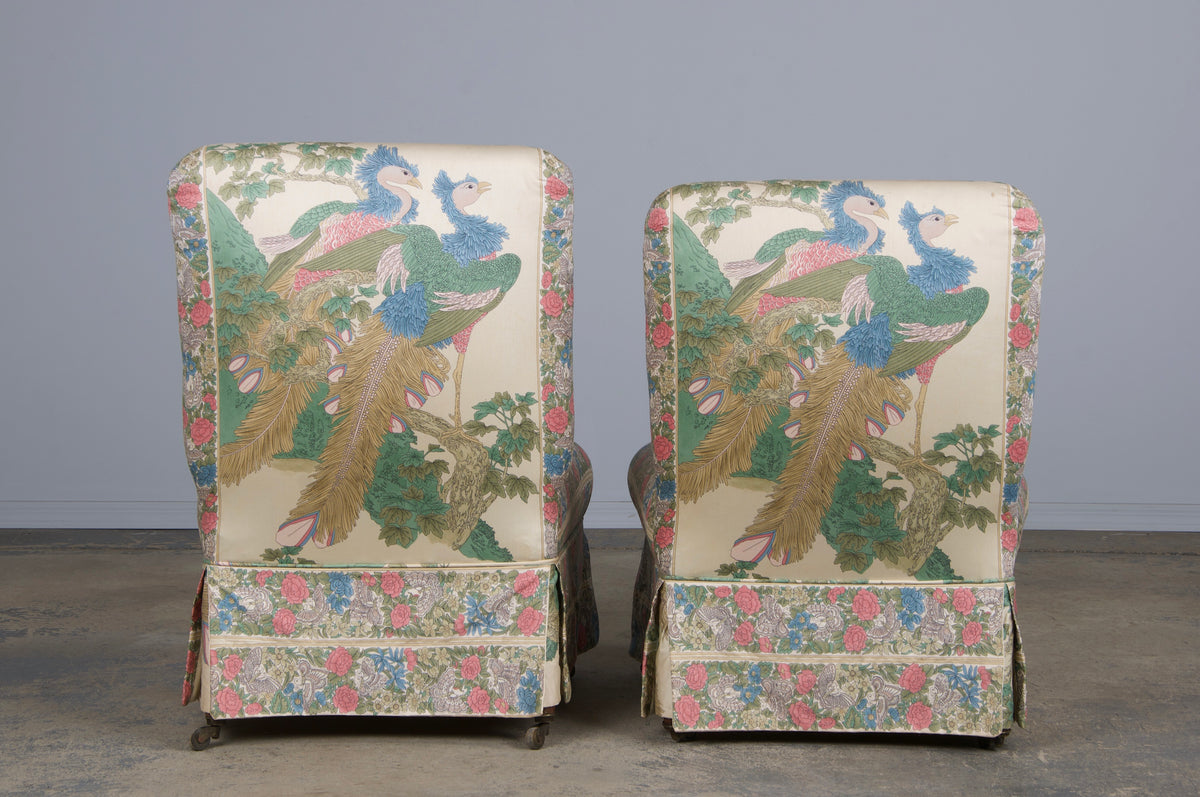 Antique French Napoleon III Style Slipper Chairs W/ Chinoiserie Silk - A Pair