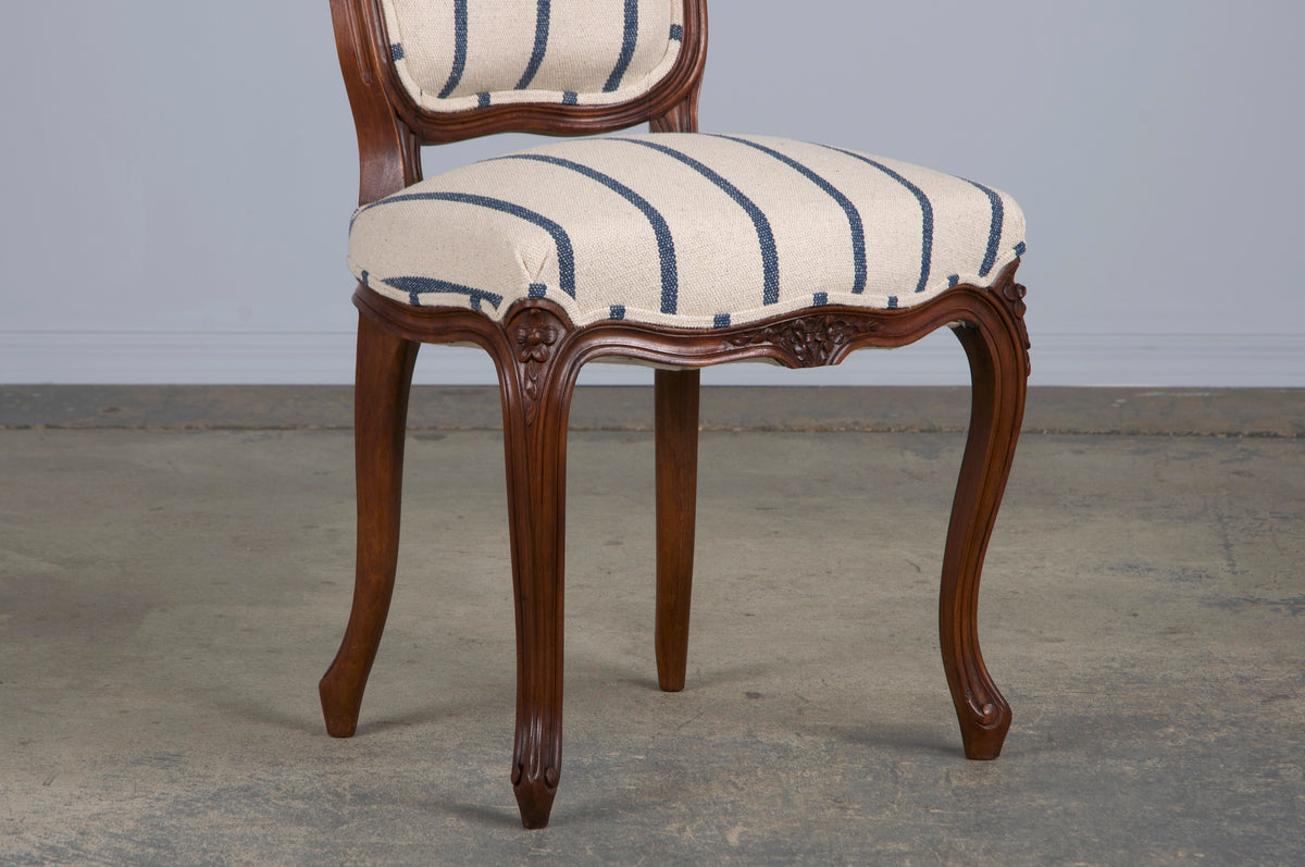 Antique French Louis XV Style Walnut Dining Chairs W/ Striped Fabric - Set of 6