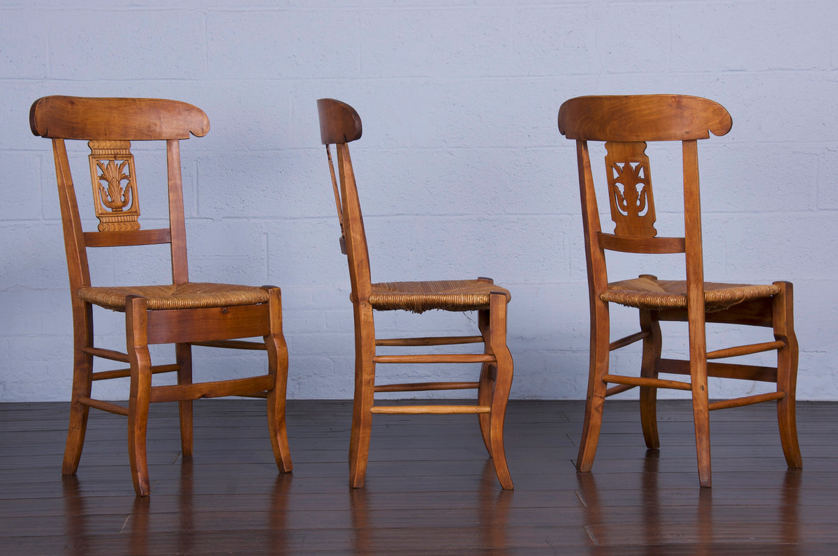 Antique French Directoire Style Fruitwood Dining Chairs W/ Rush Seats - Set of 6