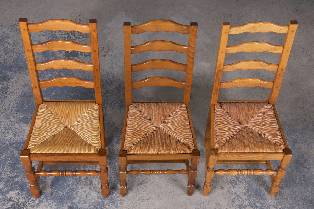 Country French Farmhouse Style Maple Ladder Back Dining Chairs W/ Rush Seats - Set of 12
