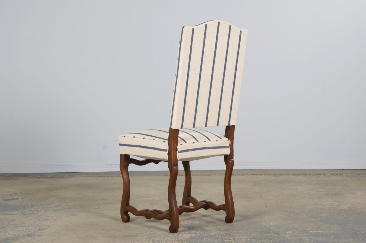Antique French Louis XIII Style Os De Mouton Oak Dining Chairs in Striped Fabric - Set of 6