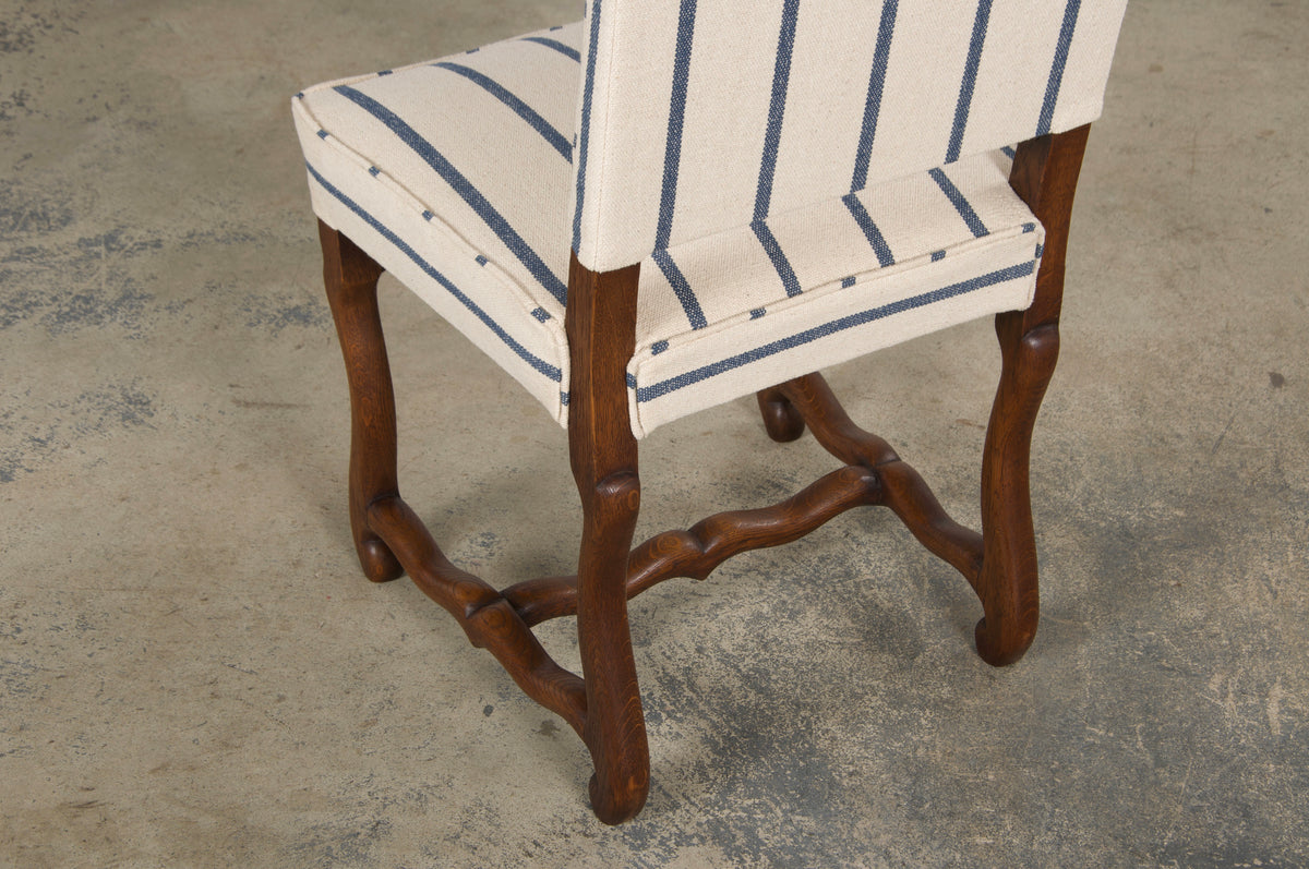 Antique French Louis XIII Style Os De Mouton Oak Dining Chairs in Striped Fabric - Set of 6