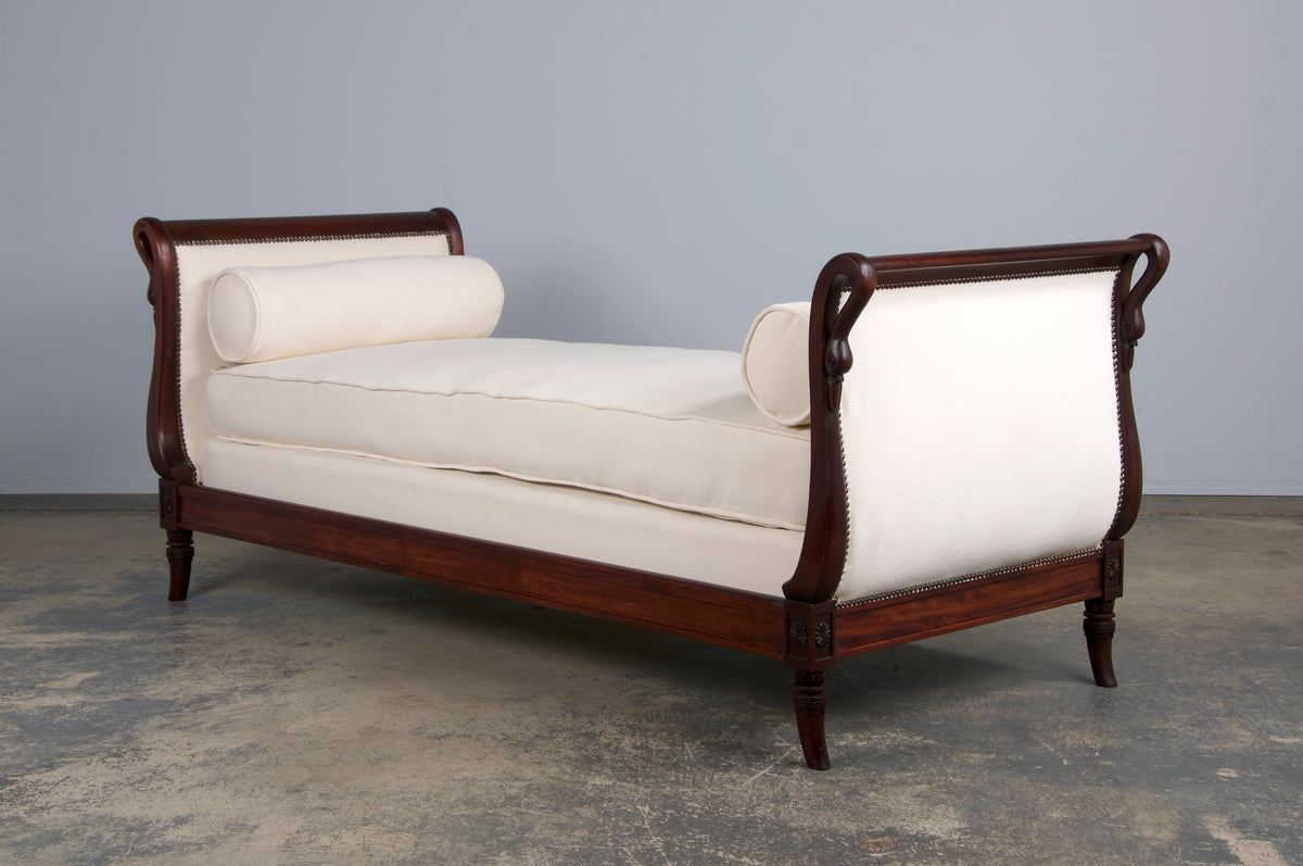 Antique French Empire Swan Neck Mahogany Daybeds W/ Cream Woven Fabric - A Pair